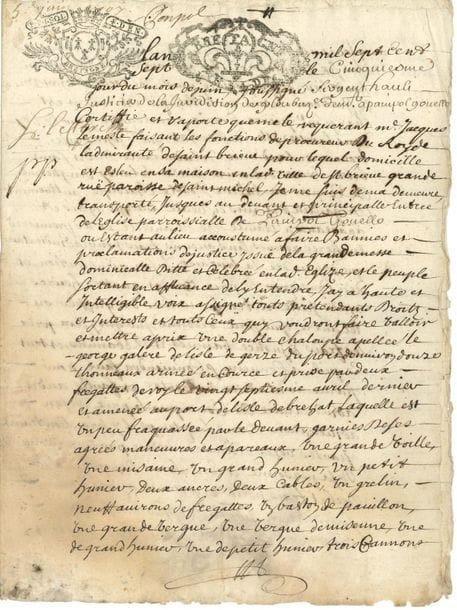 CORSAIRES. P.S. par Guy Leportz, « sergent hault justicier de la juridiction de Ploubaz[lan]ec », Paimpol 5 et 8 juin 1707 ; 3 pages et demie in-4 sur papier timbré de Bretagne
Procès-verbal. Sur réquisition de Jacques Lemesle, faisant les fonctions du procureur du Roi de l’amirauté de Saint-Brieuc, Leportz s’est transporté devant l’église paroissiale de Paimpol-Goëlo à la sortie de la grand-messe dominicale : « jay à haute et intelligible voix assigné touts pretendants droitz et interests et touts ceux quy voudront faire valloir et mettre a prix une double chaloupe apellee le George galere de lisle de Gerzé du port denviron douze thonneaux armée en cource et prise par deux fregattes du roy […] et amenée au port de l’isle de Brehat, laquelle est un peu fraquassée par le devant, garnies de ses agrées maneuvres et apareaux, une grande voille, une misaine », etc.
On joint une P.S. (griffe) du duc de Penthièvre, amiral de France (Dunkerque 1791), et 2 quittances de paiement de droits sur des marchandises (1786-1789).
