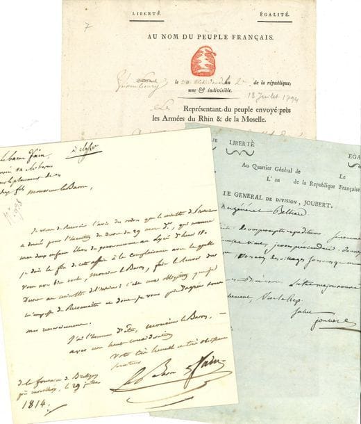 DIVERS. 6 lettres ou pièces, la plupart L.A.S. ou L.S
Lazare Carnot (1796), Nicolas Changarnier (1872), Louis Faidherbe (1875, sur son patronyme), baron Fain (1814), Jean-Marie de Villaret-Joyeuse (1819), etc.