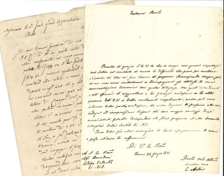 DIVERS. 5 lettres ou pièces, la plupart L.A.S
H. Heine courtier à Hambourg (1821, aux Fould Oppenheim). Prélats romains à Mgr Girolamo Bontadossi : cardinal Charles Acton (1831), Nicola Nicolai, etc. Manuscrit sur Grégoire XVI (avec portrait gravé).