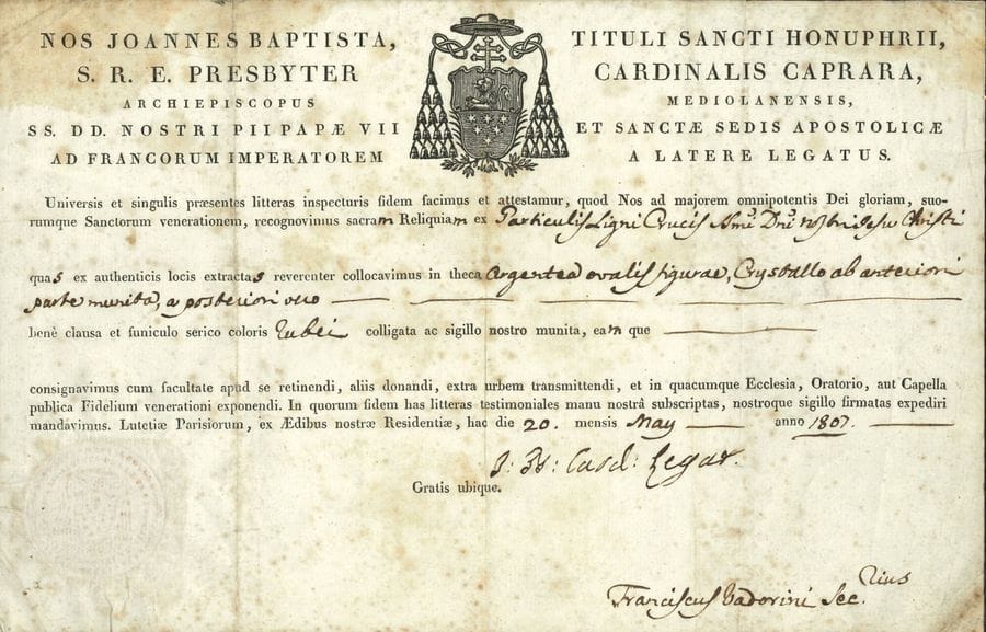 EMPIRE. 11 lettres ou pièces, la plupart L.S. ou L.A.S
Louis Bonaparte (fragment), cardinal Jean-Baptiste Caprara (certificat pour un morceau de la Croix du Christ), comte de Custine, Nicolas Frochot (3, une avec vignette), Louis-Auguste Lansier (maire de la ville de Napoléon en Vendée) ; plus un relevé des décrets et décisions concernant les manufactures des Gobelins et de Sèvres (1810-1811), un état de frais pour le service de la Chambre de l’Impératrice Joséphine (1811), et 2 textes impr. de cantates pour la naissance du Roi de Rome.