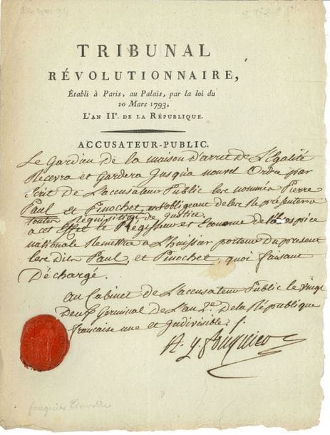 Antoine-Quentin FOUQUIER-TINVILLE. P.S. « A.Q. Fouquier », au Cabinet de l’Accusateur public 22 germinal II (11 avril 1794) ; 1 page in-4, à en-tête Tribunal révolutionnaire et sceau de cire rouge du Tribunal révolutionnaire
« Le gardien de la maison d’arret de l’Egalité recevra et gardera jusqu’à nouvel ordre par ecrit de l’accusateur public les nommés Pierre Paul et Pinochet, et s’obligeant de les représenter a toutes réquisition de justice. A cet effet le Régisseur et Econome de l’hospice nationale remettra a l’huissier porteur du present les dits Paul et Pinochet »…