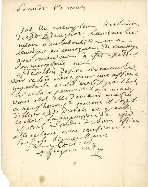 Henri GRÉGOIRE (1750-1831) prêtre, député du clergé du bailliage de Nancy aux États Généraux, évêque constitutionnel de Blois, député du Loir-et-Cher à la Convention, il lutta pour l’émancipation des Juifs et l’abolition de l’esclavage. L.A.S., samedi 13 mars [1824 ?], à Antoine Metral, avocat ; 1 page in-4, adresse
« J’ai un exemplaire du livre de Mr Beugnot [Les Juifs d’Occident d’Arthur Beugnot], l’auteur lui-même a eu la bonté de me l’envoyer en consequence je renvoye avec remercimens à Mr Metral son exemplaire mais Mde Dubois desire vivement le voir ce soir même pour une affaire importante »…