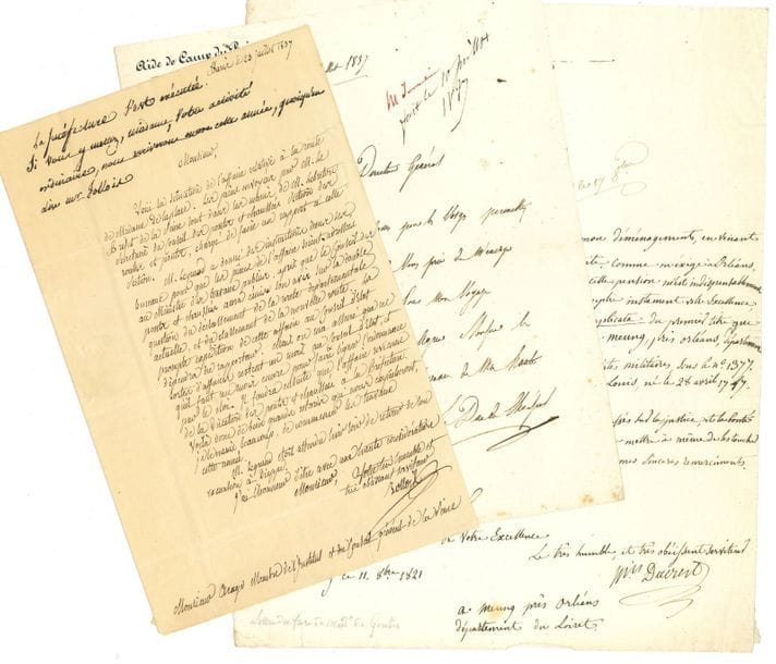 HISTOIRE. 19 lettres ou pièces, la plupart L.A.S., XIXe siècle
François Arago (sur une l. à lui adressée), Georges Boulanger, Claude-Antoine-Gabriel duc de Choiseul, Gabriel Cortois de Pressigny comme archevêque de Besançon, Alfred-Auguste Cuvillier-Fleury, Charles-Louis marquis Ducrest, Charles de Freycinet (1869, montage financier pour l’achèvement de la construction des égouts de Paris), Severiano de Heredia, Joseph M. Lais évêque d’Hippone, Hubert Lyautey (carte de visite à Mme Dieulafoy), Daniel Osiris, Ernest Arrighi de Casanova duc de Padoue (2), Claude-Pierre Pajol, Théodore Ratisbonne, Maxime Weygand, etc. On joint qqs documents imprimés.