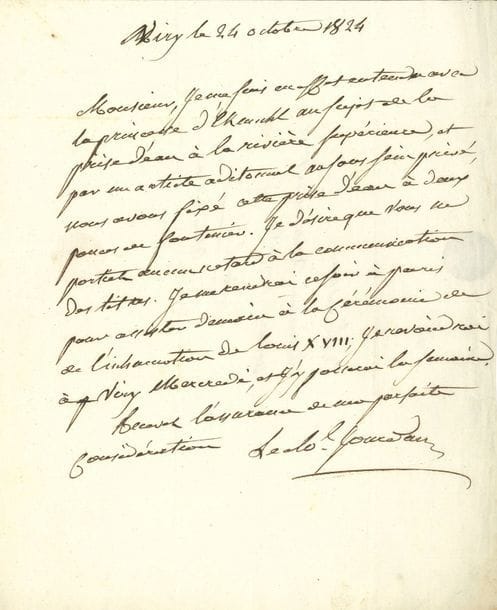 Jean-Baptiste JOURDAN (1762-1833) maréchal de France. 4 L.A.S., Viry 1824-1825, à M. Lerembert, notaire royal à Corbeil ; 3 pages et demie in-4, adresses
À propos du domaine de Pied-de-Fer à Viry, propriété du maréchal Davout, prince d’Eckmühl, qui le loua à Jourdan.
16 août 1824. « J’ai vu Madame la Princesse d’Ekmuhl ; nous sommes d’accord sur tous les articles. Il est nécessaire que vous soyez ici demain à huit heures du matin avec le projet d’acte que vous avez rédigé, afin d’y faire les changemens nécessaires, et de le mettre en état d’être signé dans la journée […], sans quoi on ne pourait plus obtenir, avant les vacances, le jugement dont on a besoin »… 24 octobre 1824. Il s’est entendu avec la princesse au sujet de la prise d’eau à la rivière supérieure, « et par un article aditionnel au sous sein privé, nous avons fixé cette prise d’eau à deux pouces de fontenier. Je désire que vous ne portiez aucun retard à la communication des titres. Je me rendrai ce soir à Paris pour assister demain à la cérémonie de l’inhumation de Louis XVIII »… 28 janvier 1825. Il se propose d’aller à Viry le 31 pour déménager ses meubles. « S’il ne vous est pas possible d’y passer pour me remettre les titres du domaine de Pied de Fer, je vous prie de les laisser au porteur de mon hôtel à Paris »…