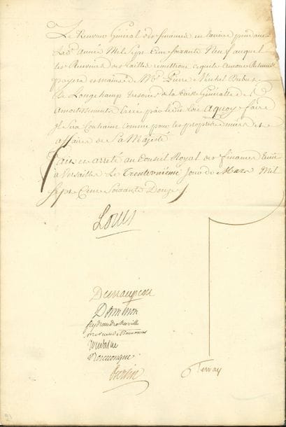 LOUIS XV (1710-1774) Roi de France. P.S., Versailles 31 mars 1772 ; 10 pages in?fol. en un cahier cousu (ruban ; angles supérieurs gauches lég. coupés à la suite d’une mouill.). 
État des finances du comté de Bourgogne pour l’année 1769.
« Rolle des sommes que le Roy en son Conseil a ordonné etre retenues pendant l’année mil sept cent soixante neuf sur les charges employées dans l’Etat des finances du Département du Comté de Bourgogne tant par les Receveurs particuliers que par le Receveur Général des finances en exercice pour le Dixieme d’amortissement et pour le quinzieme dont la levée et la retenue ont été ordonnées par l’Edit de Décembre mil sept cent soixnate quatre ».
Comptes détaillés des recettes et dépenses dans les baillages de Dôle, Besançon, Vesoul, Gray, Lons-le-Saulnier, Salins, Quingey, Poligny, Arbois, Baume, Ornans, Pontarlier et Saint-Claude, avant l’établissement de la recette générale, des dépenses du trésor royal et des charges du comté qui se montent à 1,125,962 livres 13 sols et 4 deniers.
La pièce est également signée par les membres du Conseil Royal des Finances : Maupeou, Ormesson, Feydeau de marville, Moreau de Beaumont, Trudaine, Boullongne, Bertin et Terray.