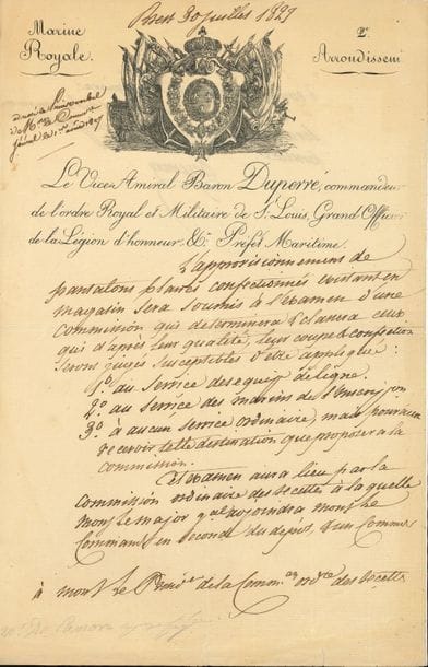 MARINE. 8 L.A.S., L.S. ou P.S., fin XVIIIe-XIXe siècle
Charles Baudin (recommandation du Dr Kessler, médecin de la Reine de Portugal), Amédée-Anatole Courbet (en-tête Escadre de l’Extrême-Orient. Vice-Amiral Commandant en chef), Guy-Victor Duperré (à son en-tête et aux armes royales), Benoît-Georges de Najac (ordonnateur de la Marine à Brest, belle vignette Liberté des mers), Alexis Pothuau (commandant supérieur des Forts du Sud, à un général, 1870), Paul Servan (plainte d’être déchu de son commandement en chef de la division navale de l’Atlantique). Plus un certificat signé par plus de 60 officiers de la Marine en faveur de l’amiral Honoré Ganteaume, calomnié (Toulon, 1815), et un document signé par des administrateurs maritimes et civils de Port-la-Montagne, relatif aux défenseurs de la patrie du Censeur (Toulon, 1795).