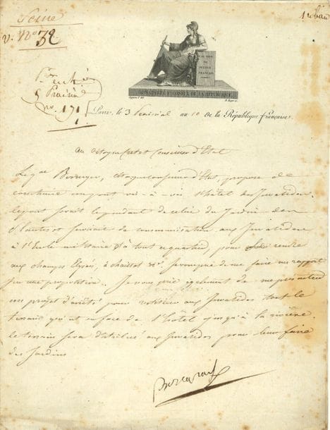 NAPOLÉON Ier (1769-1821). L.S. « Bonaparte », Paris 3 prairial X (23 mai 1802), au citoyen Emmanuel Cretet, Conseiller d’État ; la lettre est écrite par Bourrienne ; 1 page in-4 avec vignette gravée de Naigeon et Roger (rousseurs). 
Lettre inédite sur un projet d’un pont devant les Invalides.
« Le gal Berruyer […] propose de construire un pont vis-à-vis de l’hôtel des Invalides. Le pont serait le pendant de celui du Jardin des Plantes et servirait de communication aux Invalides, à l’École militaire et à tout ce quartier, pour se rendre aux Champs Élysées, à Chaillot &c. Je vous prie également de me présenter un projet d’arrêté pour restituer aux Invalides tout le terrain qui est en face de l’hôtel jusqu’à la rivière. Le terrain sera distribué aux Invalides pour leur faire des jardins »… [Le projet d’un pont en face des Invalides fut repris en 1824, où Henri Navier commença la réalisation d’un pont suspendu que des complications techniques obligèrent à détruire en 1828 avant son achèvement. Il faudra attendre la construction du Pont Alexandre III pour l’Exposition Universelle de 1900].
Reproduit page 161