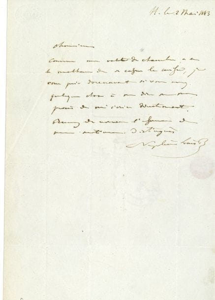 NAPOLÉON III (1808-1873). L.A.S. « Napoléon Louis B », Ham 2 mai 1843, à l’avocat Nogent Saint-Laurent ; demi-page in-8, adresse
Lettre de la prison de Ham à son avocat. Son valet de chambre s’est cassé la cuisse ; il prie donc son avocat « dorénavant si vous avez quelque chose à me dire sur mon procès de m’écrire directement »…