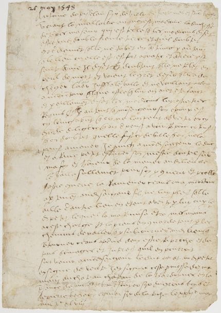 Anne de PISSELEU, duchesse d’ÉTAMPES (1508-1576) la favorite de François Ier. Note autographe, 26 mai 1548 ; 1 page in-fol. (rousseurs et légères restaurations)
Très rare autographe faisant allusion à sa résidence forcée depuis la mort de François Ier.
Anne de Pisseleu a copié le texte d’une déclaration de son frère Antoine de Pisseleu, seigneur de Heilly, au sujet d’une maladie dont elle avait été atteinte. Il représente que sa sœur la duchesse d’Étampes a souffert d’une double fièvre tierce et qu’elle a besoin de changer d’air pour se remettre, le lieu où elle se trouve étant trop « aquatic ». Antoine de Pisseleu s’engage à la ramener céans [au château de La Hardoynes ?] ou à Moncontour après son rétablissement…
