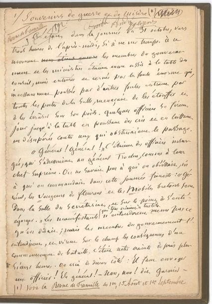 Jules SIMON (1814-1896) homme politique, ministre et écrivain. Manuscrit autographe signé, Souvenirs de guerre et de misère, [1892] ; 17 pages in-8, montées sur onglets, rel. percaline brune
Les Bretons en 1870. Quatrième épisode de Souvenirs parus en 1892 dans la Revue de Famille, fondée par Jules Simon et Louis Ulbach en 1888. Le manuscrit, qui a servi à l’impression, présente quelques corrections et additions. L’ancien membre du Gouvernement de la Défense nationale se remémore des incidents d’octobre 1870 qui l’ont éclairé sur les Bretons ; il rend hommage à ce peuple héroïque et dévoué, fidèle à ses mœurs et à sa foi…
On joint un manuscrit a.s. d’Henri Lavedan, Les Petites Visites. Anniversaire, [1896] (7 ff in-4, cartonnage).