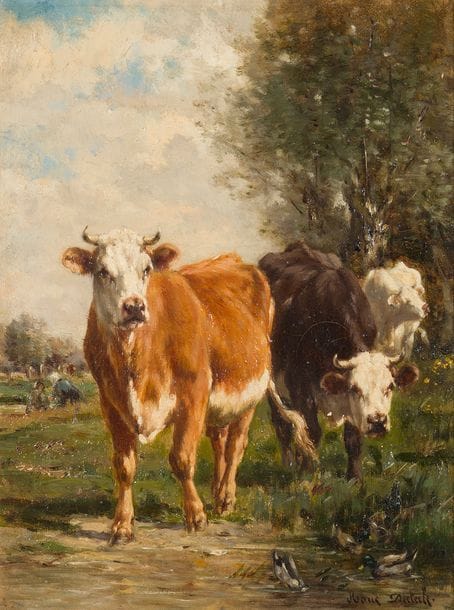 
Marie DIETERLE (1856-1935)
Vaches au bord du ruisseau
Toile
37,5 x 28 cm
Signée en bas à droite : Marie Dieterle
Tous petits manques