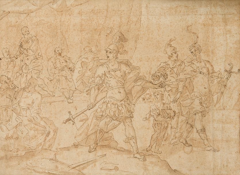 
École italienne du XVIIe siècle
Soldat et personnages
Encre et lavis d’encre
20 x 28 cm
(piqûres)