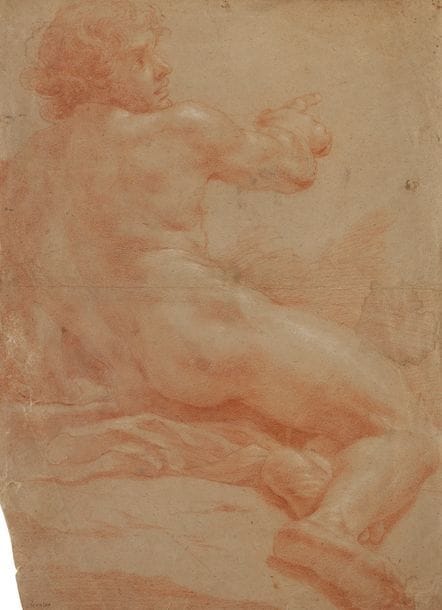 
École italienne vers 1700 
Académie d’homme assis
Sanguine et rehauts de craie blanche
50,8 x 36,4 cm de forme irrégulière (angle gauche inférieur manquant)
Annoté « Bernino « en bas à gauche 
Pliure centrale horizontale, mouillures, petites déchirures sur les bords et épidermures 
Insolé