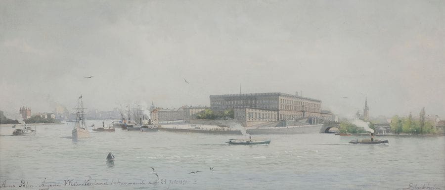
Anna PALM de ROSA
(Stockholm 1859 - Italie 1924)
Le Palais royal de Stockholm et l’arrivée du Wester Norrland, 1890
Aquarelle gouachée sur traits de crayon noir 
Petite déchirure au centre à gauche
18,4 x 42,1 cm
Signé et daté en bas à gauche, situé en bas à droite : « Anna Palm. Angaren Wester Norrland inkommande den 24 juli 1890 », « Anna Palm. L’arrivée du Wester Norrland le 24 juillet 1890 ».