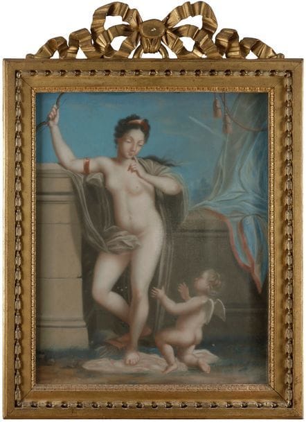 
École française du XVIIIe siècle
Venus & l’amour
Pastel sur papier marouflé sur toile.
70 x 57 cm
Quelques piqures
Cadre en bois doré d’époque Louis XVI