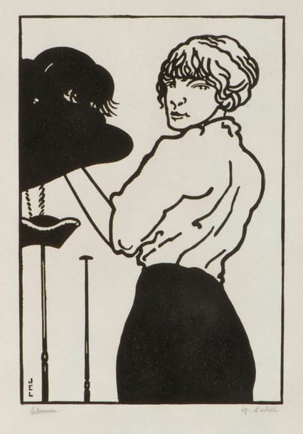 Jean-Émile Laboureur (1877-1943) La Modiste au chapeau noir. 1912. Bois gravé. 170 x 250. Laboureur 668. Très belle épreuve sur japon, signée et annotée « épreuve d’artiste ». Toutes marges non ébarbées. Tirage total à 35 épreuves.
