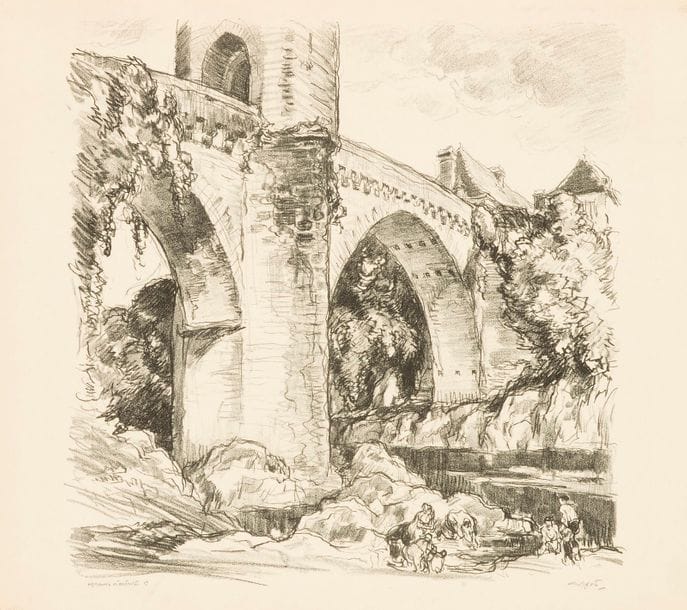 Georges Gobô (1876-1958) Le Pont d’Orthez. 1923. Lithographie. 450 x 450. I. F. F. 60. Très belle épreuve sur vélin glacé crème, annotée au crayon : « épreuve d’artiste C », signée et titrée. Empoussiérage et courtes traces de plis aux bords des grandes m