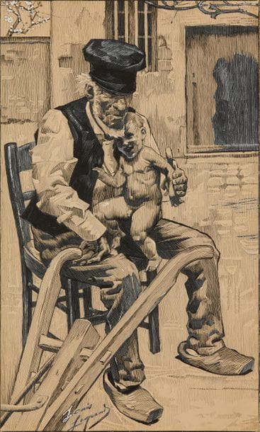 Louis Legrand (1863-1951) Vieux paysan à la charrue, enfant nu sur les genoux. Dessin de presse. Plume et encre de Chine, rehauts de gouache blanche (oxydée par places), sur vélin [275 x 463], collé sur carton fort. Signé dans le sujet en pied. Longue déc