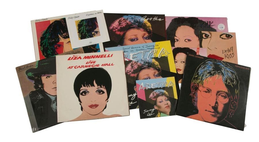 [ANDY WARHOL] Lot de six 33 T Portrait « John Lennon - Paul Anka - Diana Ross - Billy Squier - Liza Minelli - Aretha Franklin ». On joint un + maxi 12 et quatre 45 T. Pochettes et disques VG+ / EX