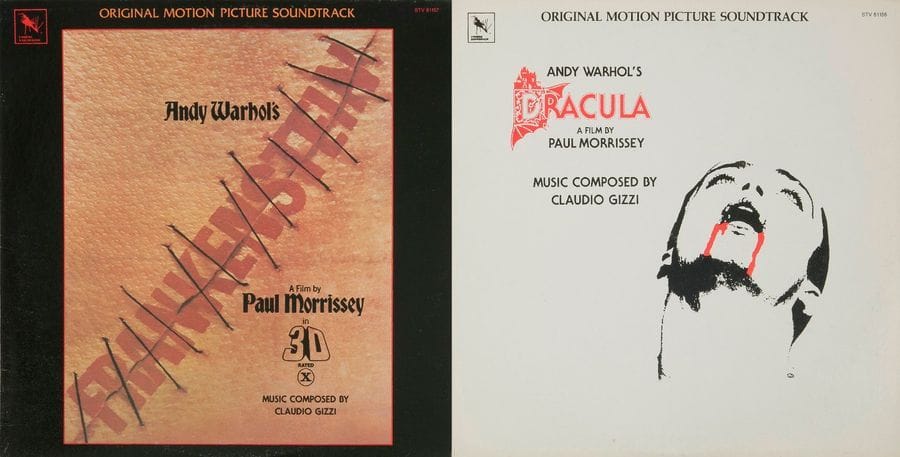 [ANDY WARHOL] - Claudio GIZZI Lot de deux 33 T Musique de film « Dracula » et « Flesh for Frankenstein », Label Varèse Sarabande ?- STV 81156 / 57. Éditions U.S.A., 1982. Pochettes et disques VG+ / VG++