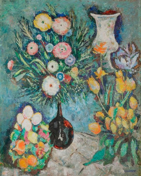 Germaine NORDMANN (1902-1997)
Fleurs et œufs
Huile sur toile.
Signée en bas à droite.
92 x 73 cm
Exposition : 
Salon des Indépendants, Paris, 1989.
