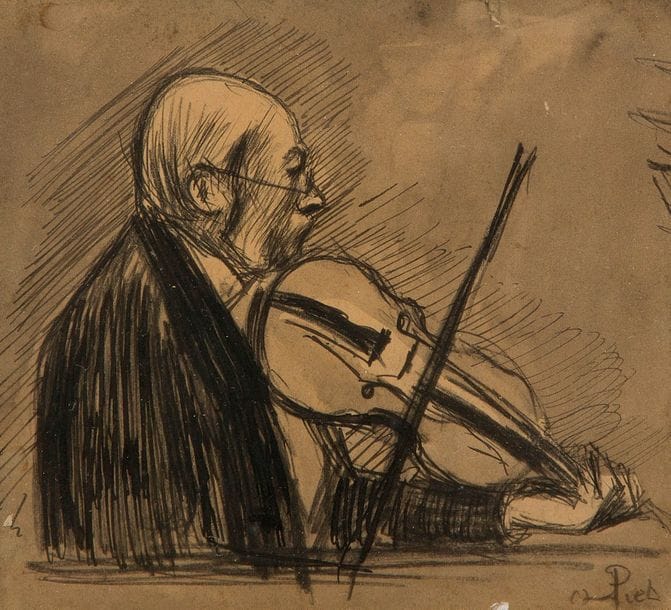 Fernand PIET (1869-1942)
Violoncelliste
Encre et lavis d'encre.
Signé en bas à droite.
10 x 11.5 cm