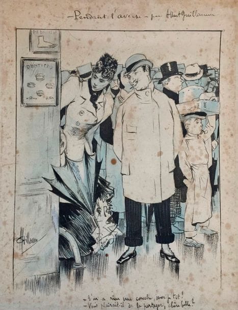 Albert Paul GUILLAUME (1873-1942)
Pendant l'averse
Encre et aquarelle.
Signée en bas à gauche.
Légendée en tête et en pied.
(Rousseurs).
33 x 26 cm