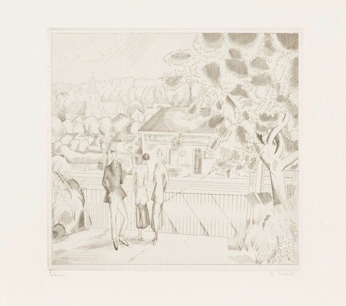 Jean-Émile Laboureur (1877-1943)
La Petite station, 1927. 
Burin. 
Signée au crayon et annotée " ép. d'artiste". 
(Pliure et légère déchirure en bas de la feuille). 
20x 19 cm. 
[Laboureur 354].