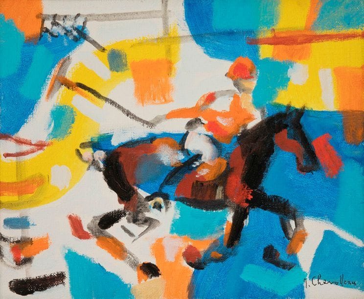 Jean CHEVOLLEAU (1924-1996)
Etude pour le Polo, 1991
Huile sur toile.
Signée en bas à droite.
Signée, datée et titrée au dos.
22 x 27 cm