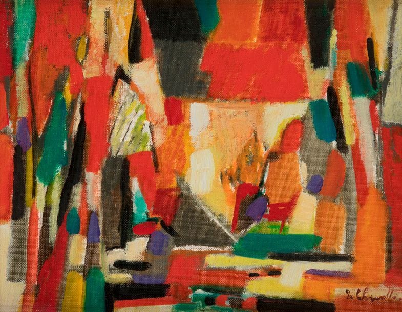 Jean CHEVOLLEAU (1924-1996)
Les Arbres en feu, 1977
Huile sur toile.
Signée en bas à droite.
Signée, datée et titrée au dos.
22 x 27 cm