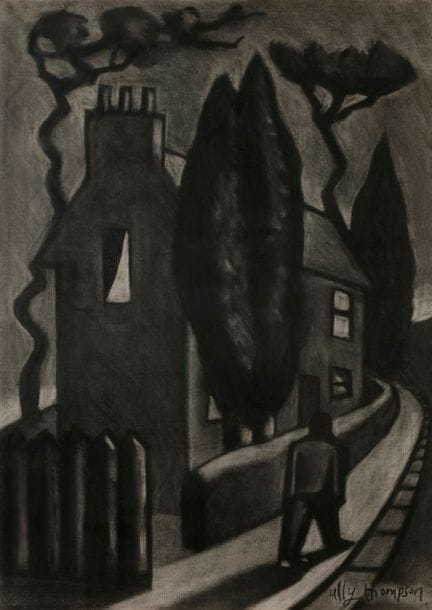 Ally THOMPSON (1955/60-2016)
Au village
Fusain.
Signée en bas à droite.
68 x 49 cm
- Provenance : 
Collection Petula Clark.