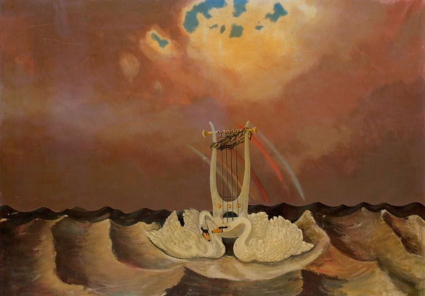 Stellios VARVOUNIS (XXe siècle)
Cygnes et lyre
Huile sur toile.
Signée en bas vers la droite.
70 x 100 cm