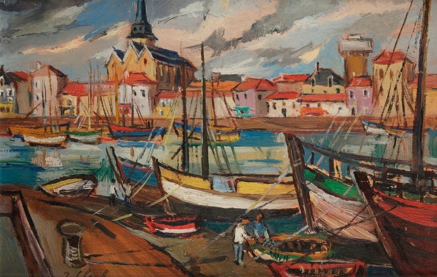 Jean CHEVOLLEAU (1924-1996)
Le Port de Saint Gilles, 1950
Huile sur panneau.
Signée en bas à gauche.
Signée, datée et titrée au dos.
27 x 41 cm