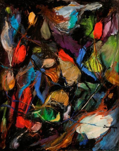 Hua ZHANG (1898-1970)
Composition
Huile sur toile.
Signée en bas à gauche et porte son cachet rouge.
50 x 40 cm