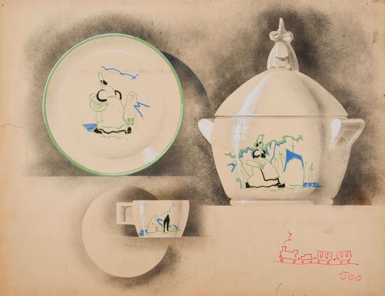 TRAVAIL VERS 1925/30 
Bretagne et Paysage du sud de la France 
Projets de décor pour des pièces de vaisselle. Gouache sur papier. Déchirures, taches, perforations, jaunissements. Chaque 50 x 65 cm