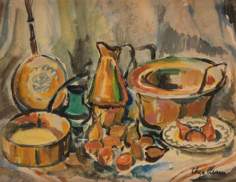 Jean CHEVOLLEAU (1924-1996)
Nature morte
Aquarelle.
Signée en bas à droite.
25 x 34 cm