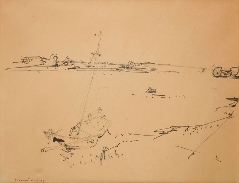Jean-Yves COMMERE (1920-1986)
Voilier et barque en bord de mer, 1957
Feutre.
Signé et daté en bas à gauche.
41.5 x 53.5 cm