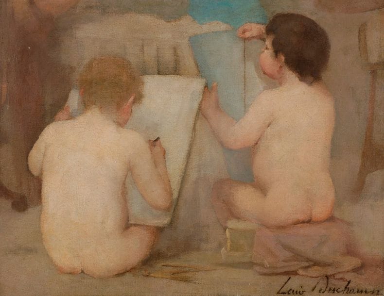 Louis Henri DESCHAMPS (1846-1902)
Enfants architectes
Huile sur toile.
Signée en bas à droite.
(Rentoilée).
39 x 50 cm