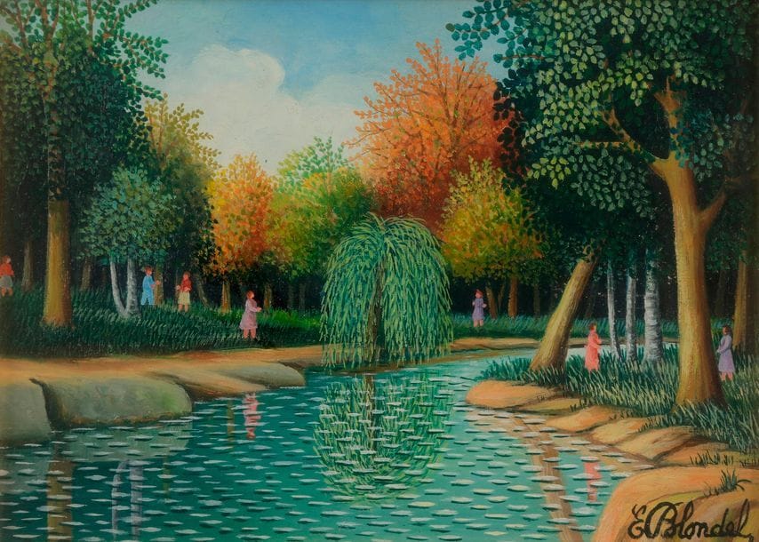 Émile BLONDEL (1893-1970)
Au parc
Huile sur toile.
Signée en bas à droite.
16 x 22 cm