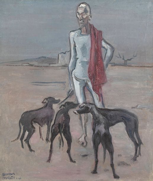 Raymond FEUILLATE (1901-1971)
L'Homme au chien, 1940
Huile sur toile
Signée en bas à gauche.
Signée, datée et titrée au dos.
65 x 54 cm