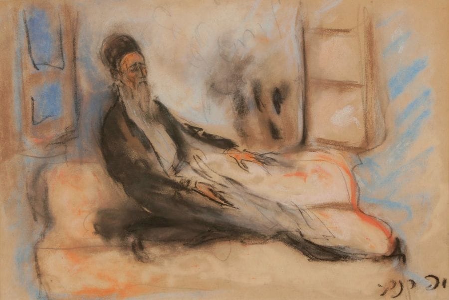 Isaac FRENKEL dit FRENEL (1899-1981) 
Juif en méditation 
Pastel. 
Signé en hébreu en bas à droite. 
24,5 x 355 cm

