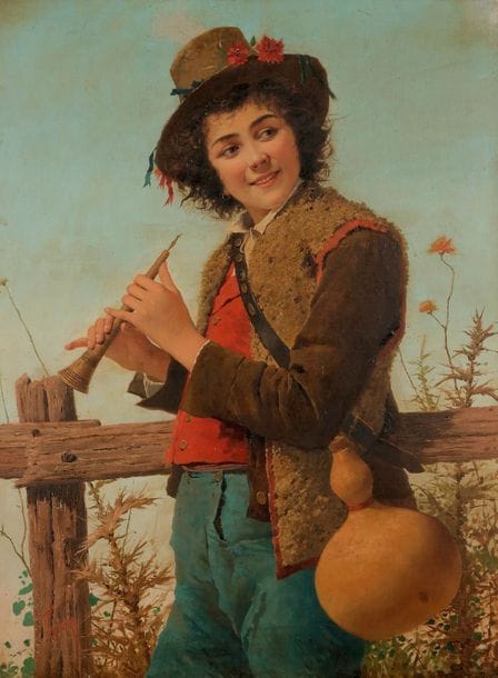 INDONI (XIXe siècle)
Jeune berger au pipeau
Huile sur toile.
Signée en bas à gauche.
(Restaurations).
100 x 75 cm