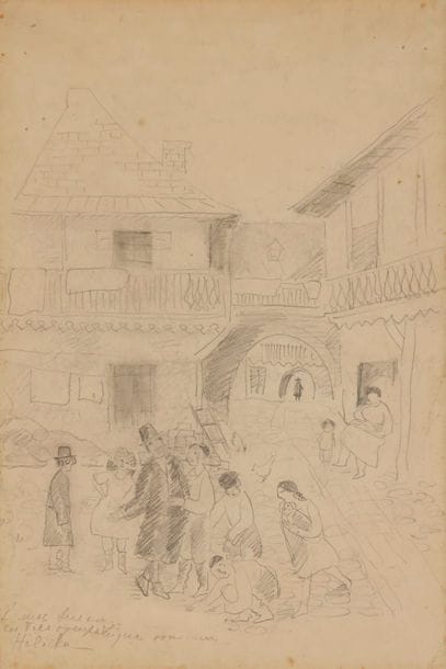 Alice HALICKA (1895-1975) 
Village juif 
Mine de plomb. 
Signée et dédicacée en bas à gauche. 
40,5 x 27,5 cm