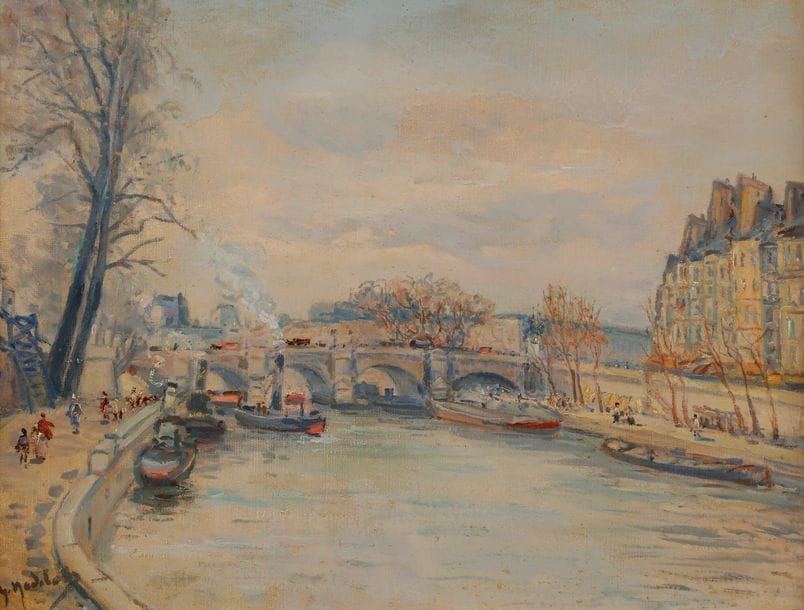 Gustave MADELAIN (1867-1944)
Paris, la Seine au Pont Neuf
Huile sur toile.
Signée en bas à gauche.
46 x 61 cm