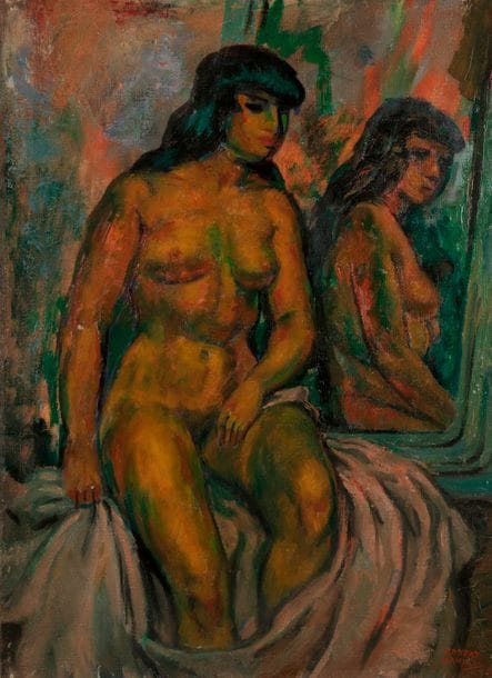 Robert MAHIAS (1890-?)
Nu au miroir
Huile sur toile.
Signée en bas à droite.
65 x 46 cm
- Exposition : 
Salon du nu, Galerie Bernheim-Jeune, 17 décembre 1954 - 20 janvier 1955, n°62 (étiquette au dos).