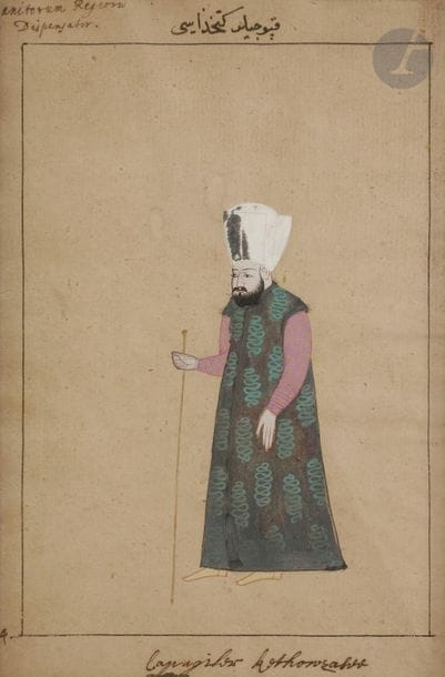 Portrait d’un officier du corps des janissaires, Turquie ottomane, XVIIIe siècle
Dessin gouaché avec rehauts d’or et d’argent sur papier. Debout de profil, le dignitaire s’appuie sur une canne dans un encadrement d’une ligne noire et entouré de trois inscriptions en latin, janiserum Reg. dispensator, en ottoman : capujiker Kathusaheb, et la transcription en bas capugiker kothowsahib, officier du corps des janissaires.
Dim. page : 20,5 x 15 cm

Provenance : Ancienne collection Jean Pozzi, vente publique, Me Rheims, 2 décembre 1970, Paris, Hôtel Drouot, n°151.
Reproduit : Galerie J. Soustiel, catalogue d’exposition, « Objets d’art de l’Islam -2 », 1974, n° 30.



A portrait of a Janissary officer, Ottoman Turkey, 18th century

LOTS 126 – 128 :
Ces trois dessins proviennent d’un album de Kiyafet / “costumes”, dont deux autres planches de cette série sont conservées dans la collection E. Binney, Turkish Miniatures paintings & manuscripts, from the collection of Edwin Binney, 3rd, 1973, pl. 34 a et b. Ces albums étaient faits pour les étrangers en souvenir de ce qu’ils avaient vu. Voir par exemple un autre album, conservé au Rijksmuseum voor Volkenkunde de Leiden, reproduit dans J. Carel du Ry, Arts of Islam, N.Y. 1970.