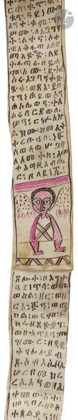 Rouleau magique
Encre sur parchemin.
Ethiopie, XXe siècle
Hauteur : 197 cm

An Ethopian scroll manuscript, 20th century