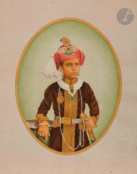 Huit portraits de Rajas, et un combat de tigres par R. Vijay, Rajasthan, XXe siècle
- Cinq portraits de Rajas peints en tenue d’apparat en médaillon sur papier ; - Raja de Kapurtala ou Patiala, dessin signé en hindi ; - Raja d’Udaipur, gouache signée Shri C. Sharma, 2007 ; - Raja âgé assis tenant une canne dans un intérieur ; - Combat de tigres, dessin aquarellé signé R. Vijay, U.D.R. India.
25,5 x 20 cm ; 22,9 x 35 cm ; 41 x 29,5 cm ; 30 x 24 cm ; 46 x 30 cm

On y joint deux portraits de Rajas, Rajasthan, XXe siècle. 49,5 x 59,5 et 57,5 x 41 cm
