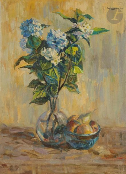 Duran FEYHAMAN [turc] (1886-1970)
Vase de fleurs et poires, 1943
Huile sur toile.
Signée et datée en haut à droite.
55 x 40 cm