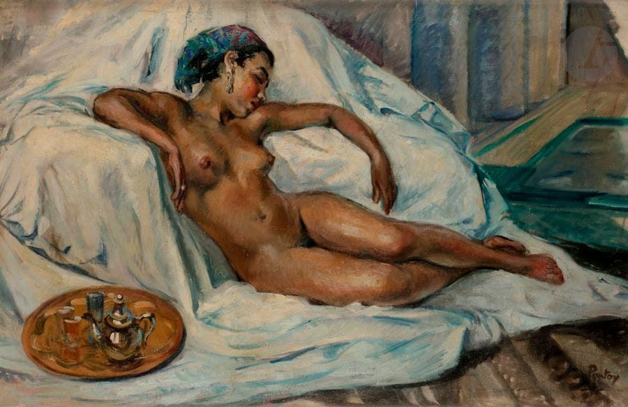 Henri-Jean PONTOY (1888-1968)
Grand nu oriental
Huile sur toile.
Signée en bas à droite.
60 x 92 cm
Restaurations.